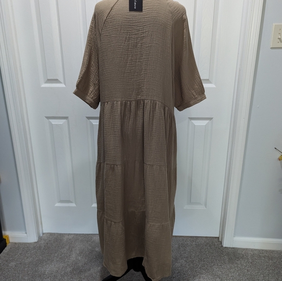 NWT R  Vivimos Prairie Dress Khaki Gauze Short Bubble Sleeve Button Up XL - Picture 4 of 7